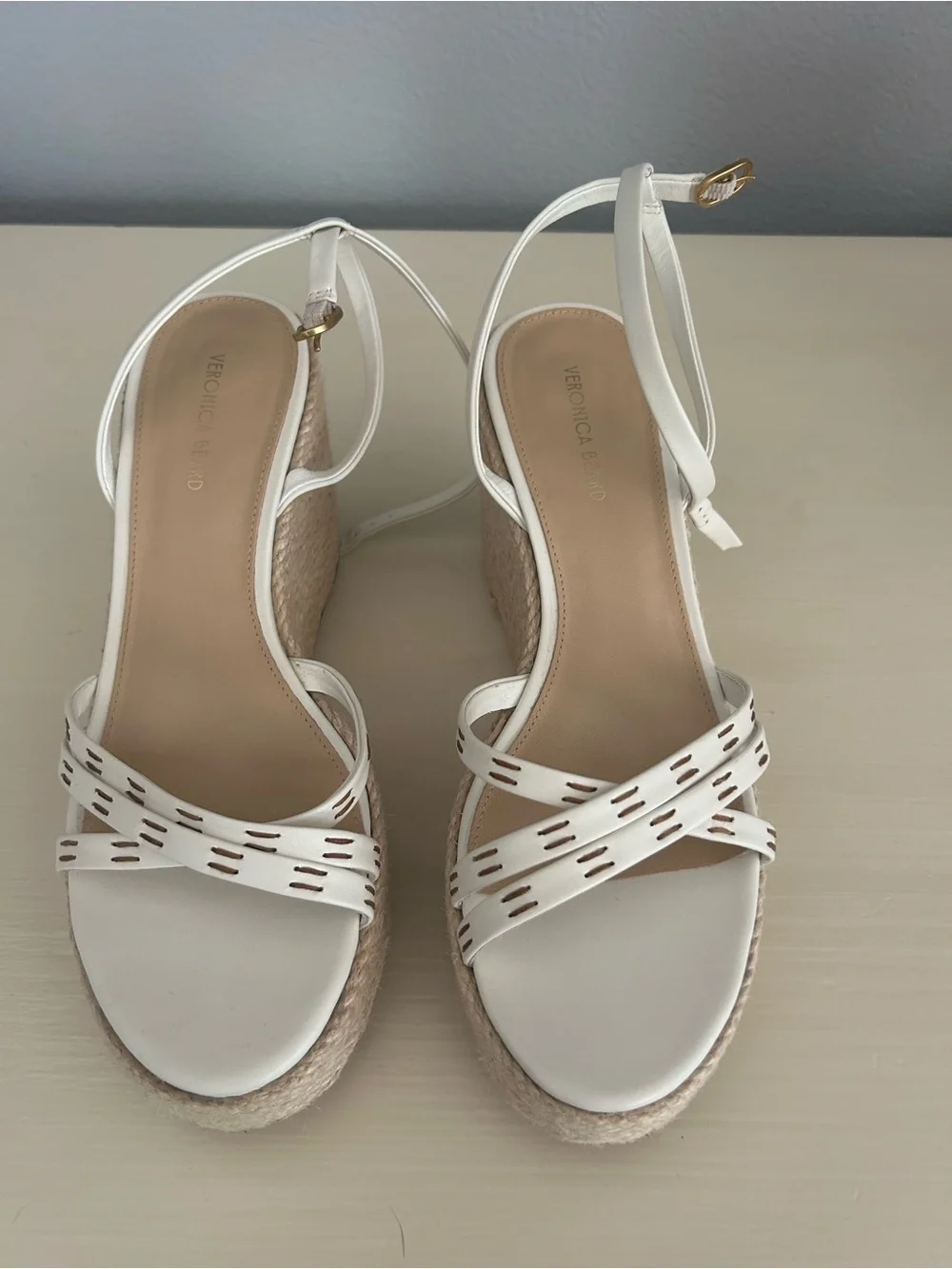 Veronica Beard Cream Woven Espadrille Wedge Sandals